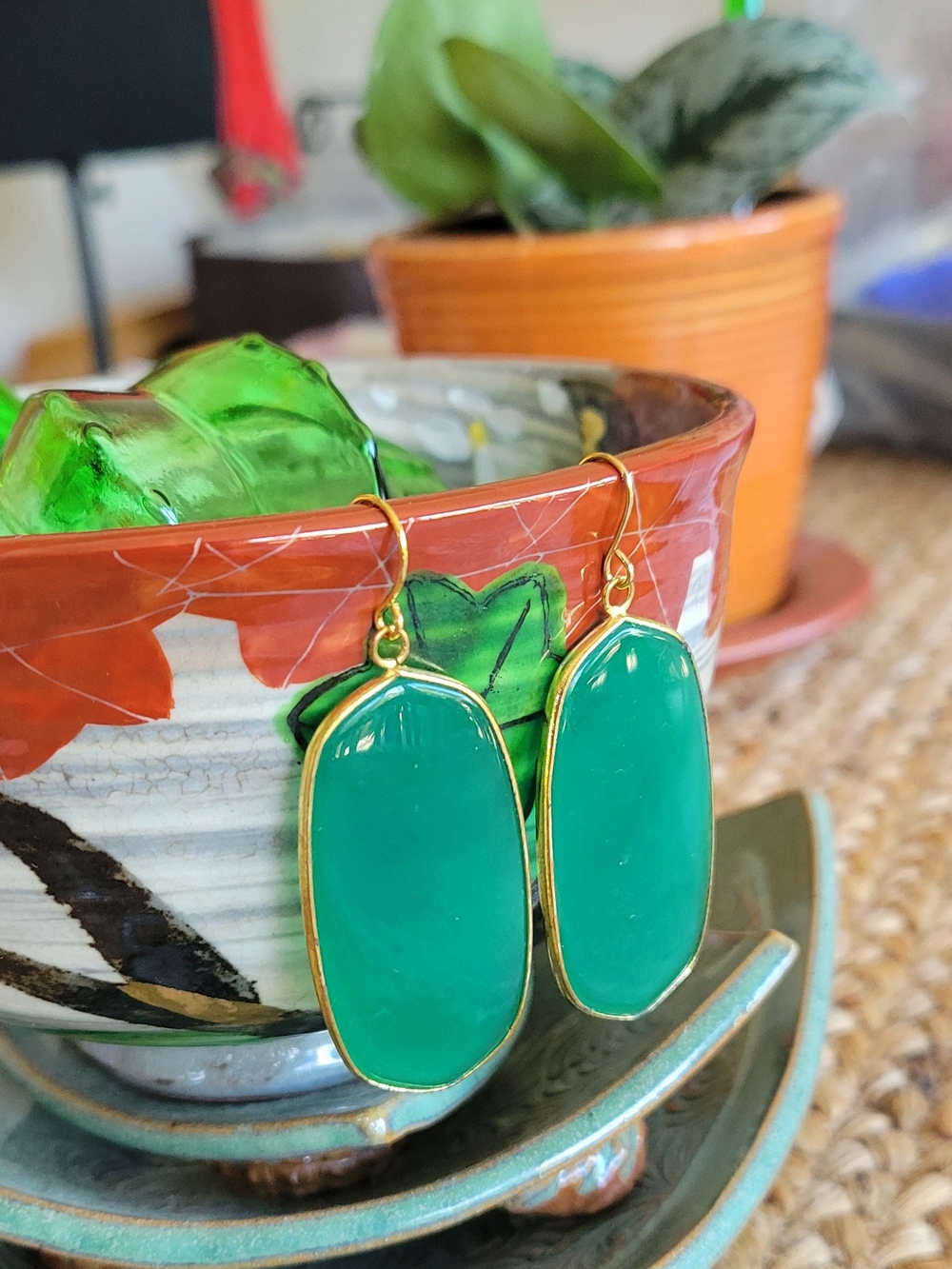 Gold-Trim Teal Drop Earrings - Women Jewelry